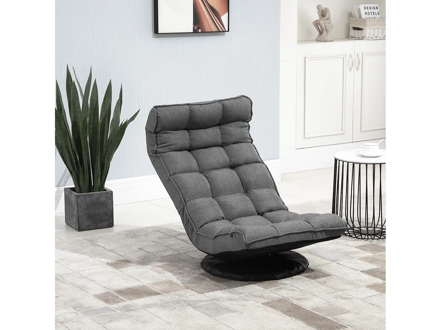 Fauteuil lounge design capitonné inclinaison dossier et tétière réglable pivotant 360° revêtement lin gris chiné