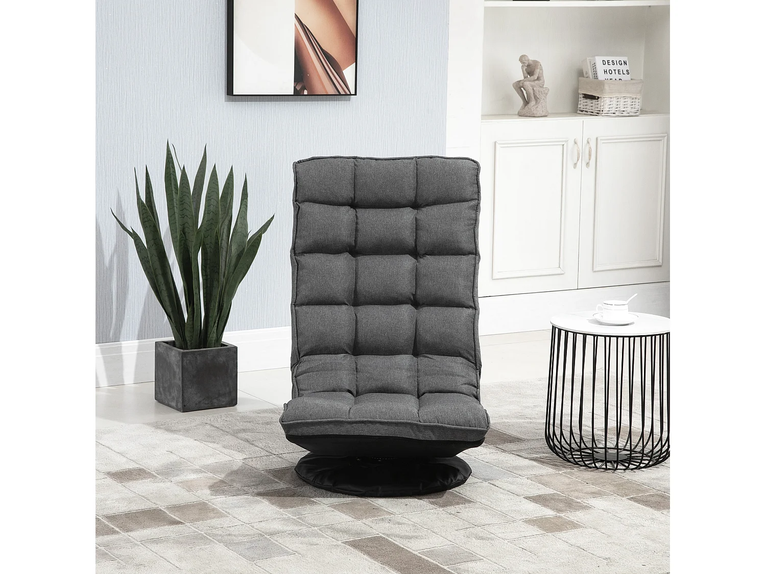 Fauteuil lounge design capitonné inclinaison dossier et tétière réglable pivotant 360° revêtement lin gris chiné
