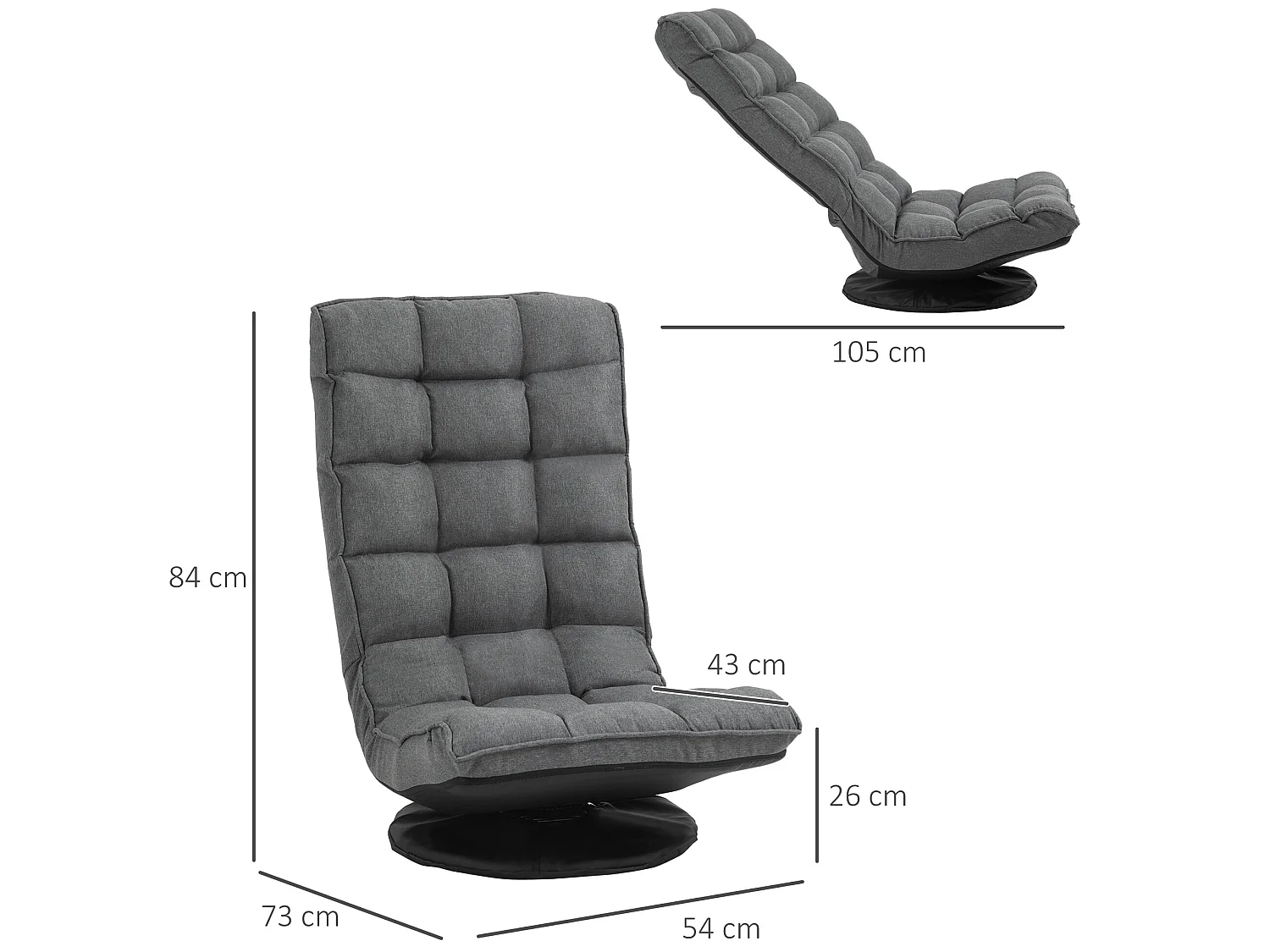 Fauteuil lounge design capitonné inclinaison dossier et tétière réglable pivotant 360° revêtement lin gris chiné
