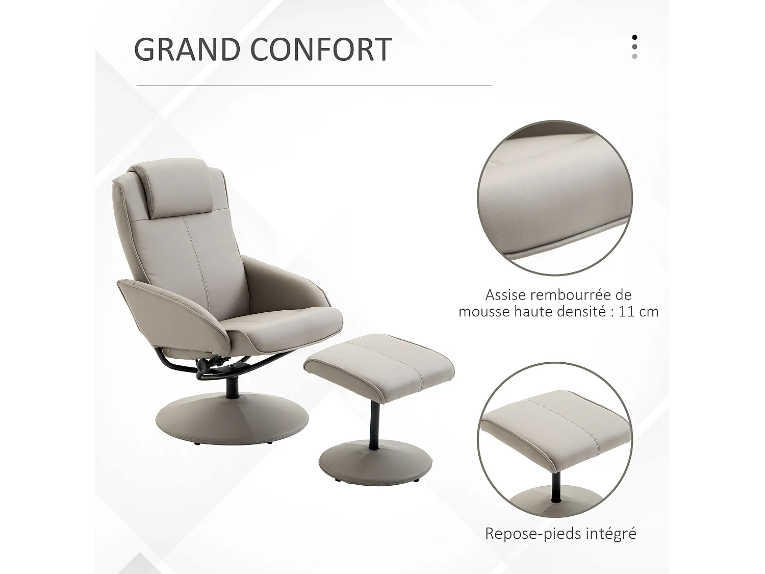 Fauteuil relax inclinable style contemporain avec repose-pieds revêtement synthétique acier gris