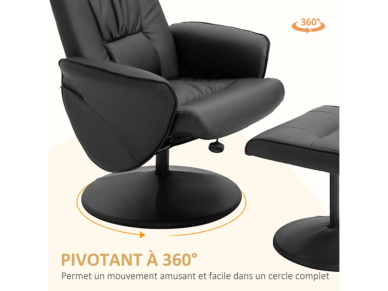 Fauteuil relax inclinable pivotant style contemporain avec repose-pied revêtement synthétique noir