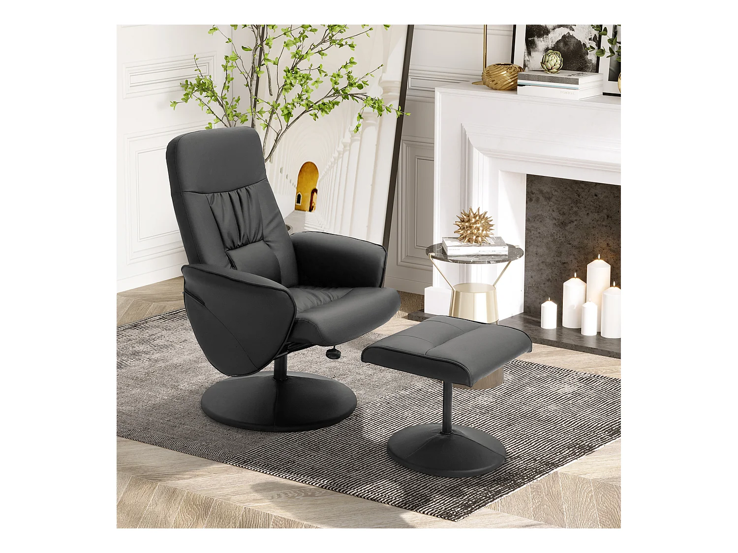 Fauteuil relax inclinable pivotant style contemporain avec repose-pied revêtement synthétique noir