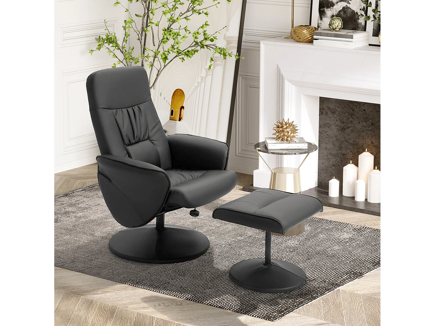Fauteuil relax inclinable pivotant style contemporain avec repose-pied revêtement synthétique noir
