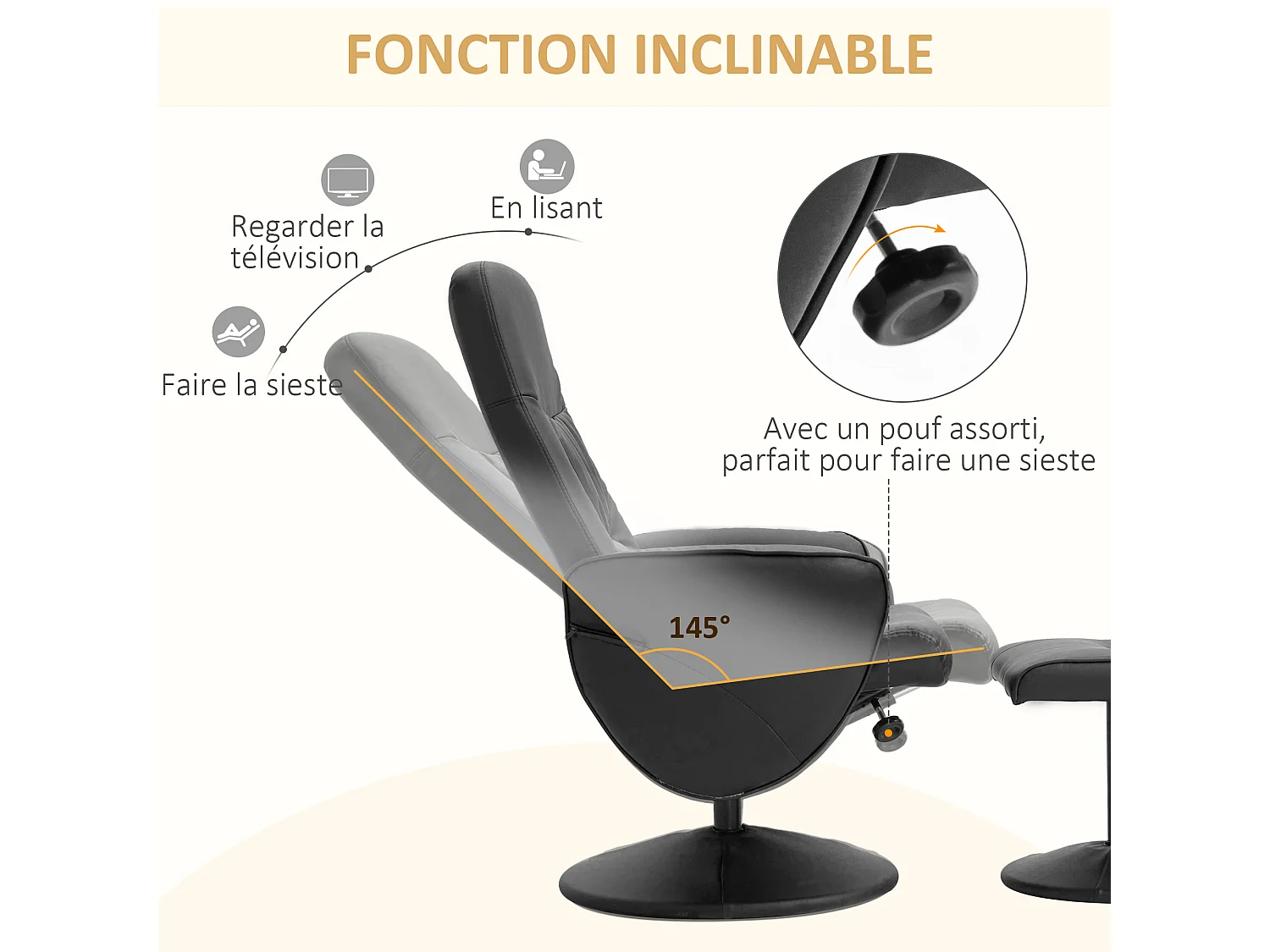 Fauteuil relax inclinable pivotant style contemporain avec repose-pied revêtement synthétique noir