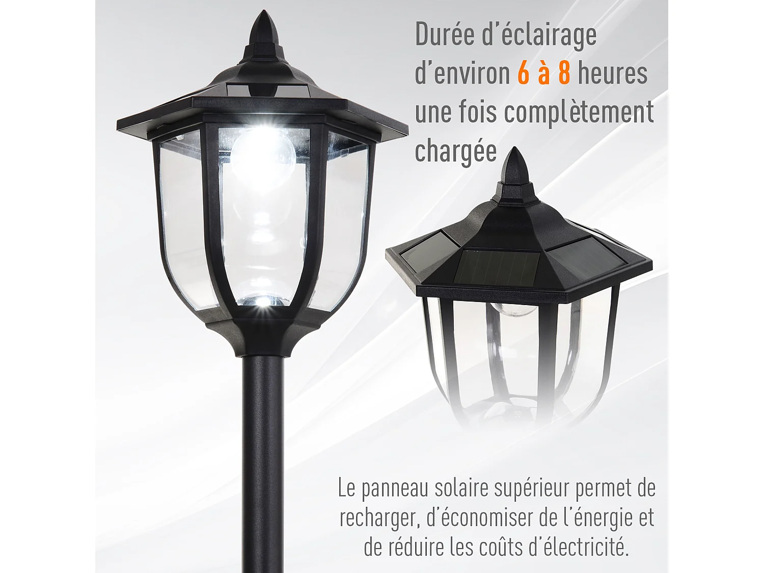 Outsunny Luminaire extérieur solaire lampadaire lanterne classique LED 60 Lm max. dim. 26L x 26l x 177H cm noir
