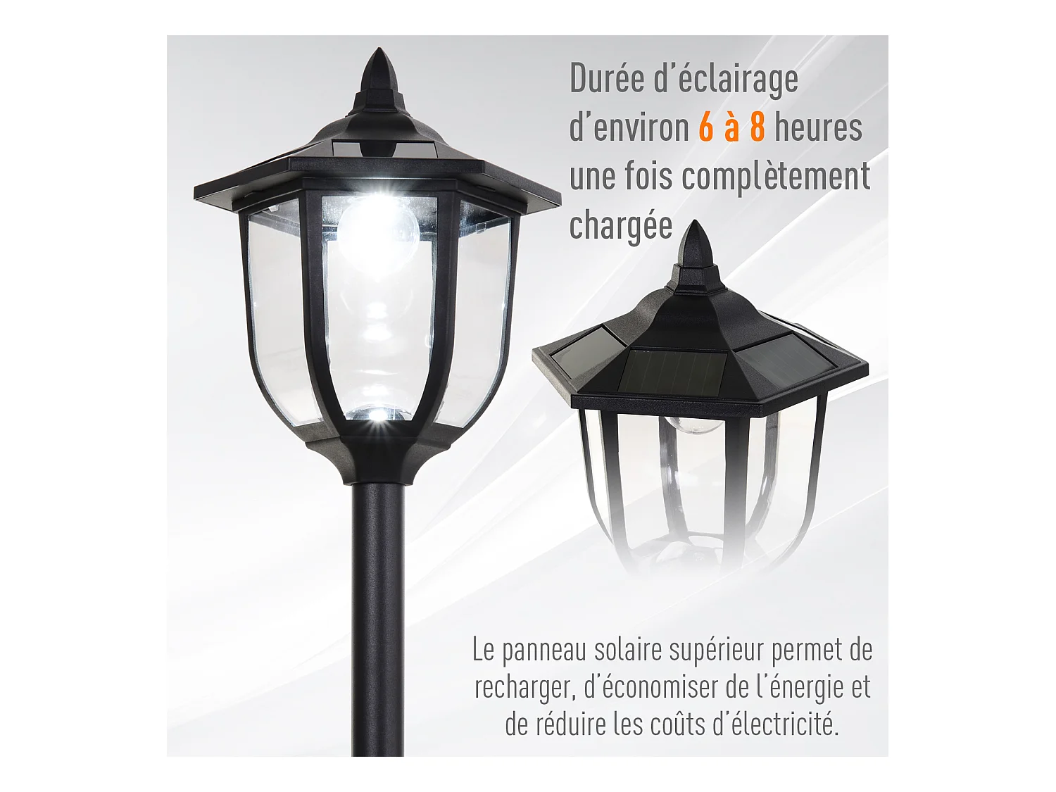 Outsunny Luminaire extérieur solaire lampadaire lanterne classique LED 60 Lm max. dim. 26L x 26l x 177H cm noir