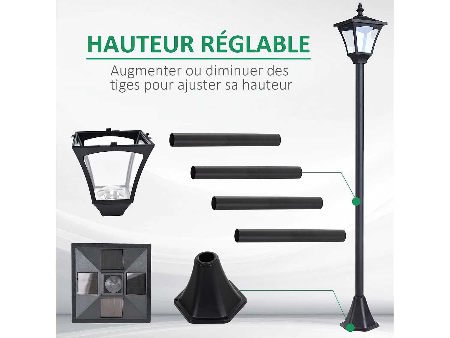 Outsunny Luminaire extérieur solaire lampadaire lanterne classique LED 10 Lm dim. 15L x 15l x 120H cm noir