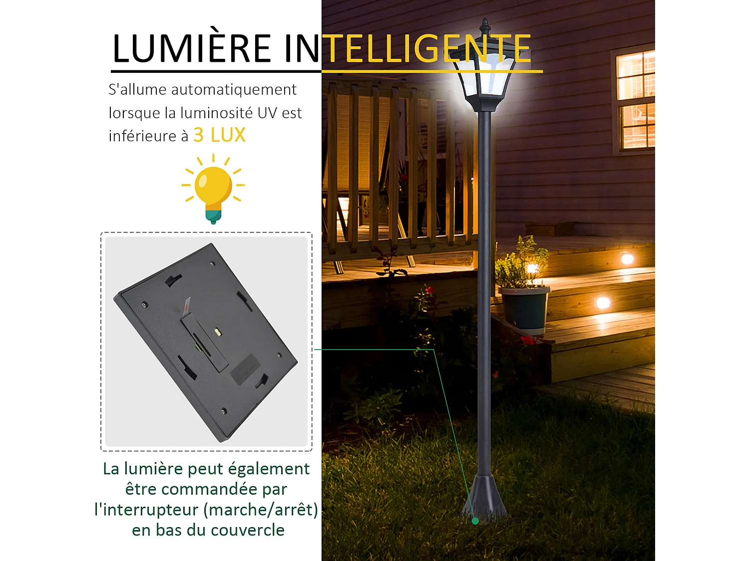 Outsunny Luminaire extérieur solaire lampadaire lanterne classique LED 10 Lm dim. 15L x 15l x 120H cm noir