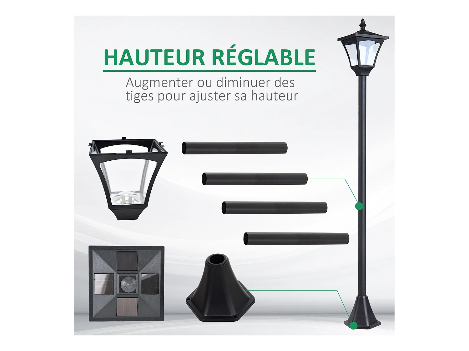 Outsunny Luminaire extérieur solaire lampadaire lanterne classique LED 10 Lm dim. 15L x 15l x 120H cm noir