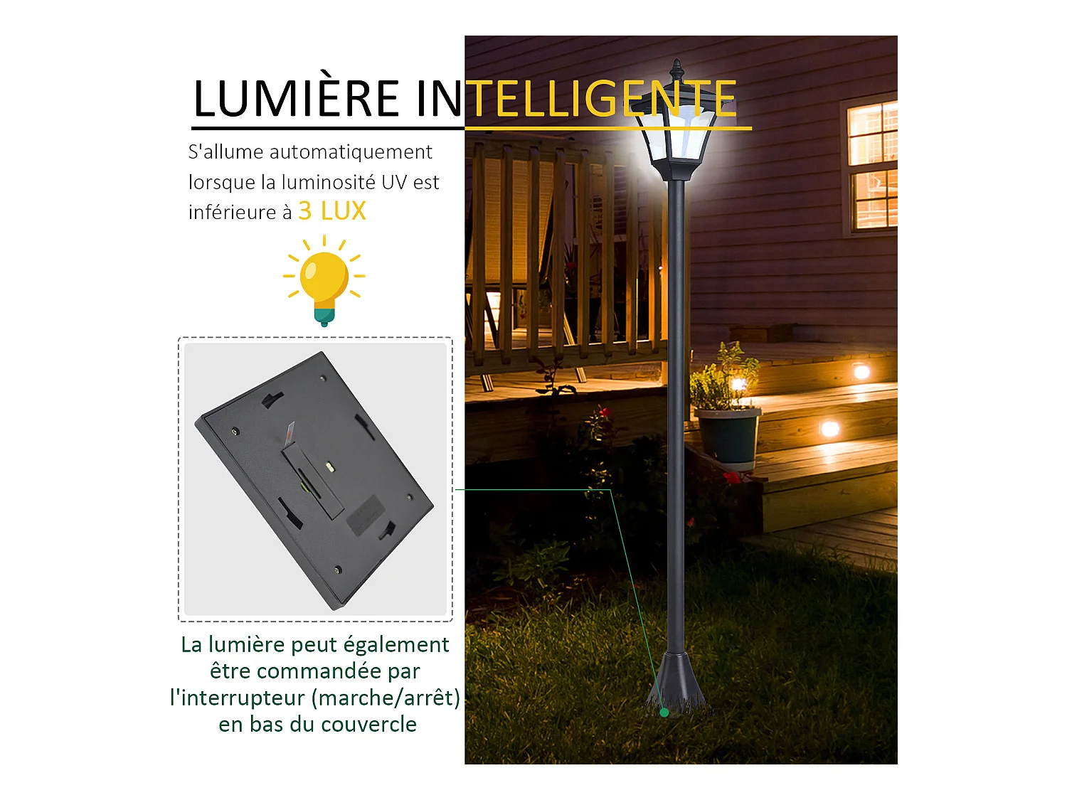 Outsunny Luminaire extérieur solaire lampadaire lanterne classique LED 10 Lm dim. 15L x 15l x 120H cm noir