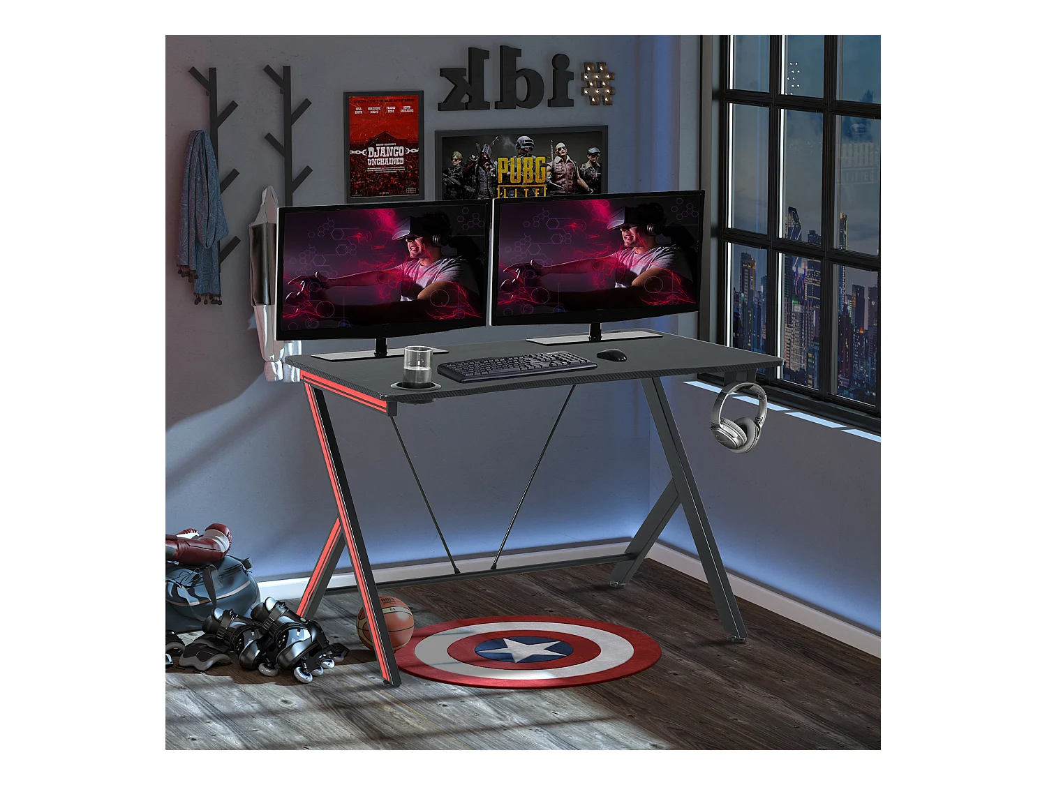 HOMCOM Bureau Gaming Table Bureau pour Ordinateur de Jeu avec Crochet et Porte-Gobelet Patins Réglables 120 x 60 x 75 cm Noir et Rouge