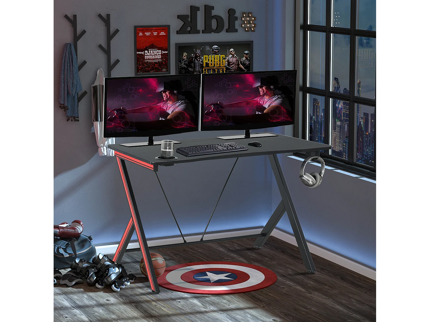 HOMCOM Bureau Gaming Table Bureau pour Ordinateur de Jeu avec Crochet et Porte-Gobelet Patins Réglables 120 x 60 x 75 cm Noir et Rouge