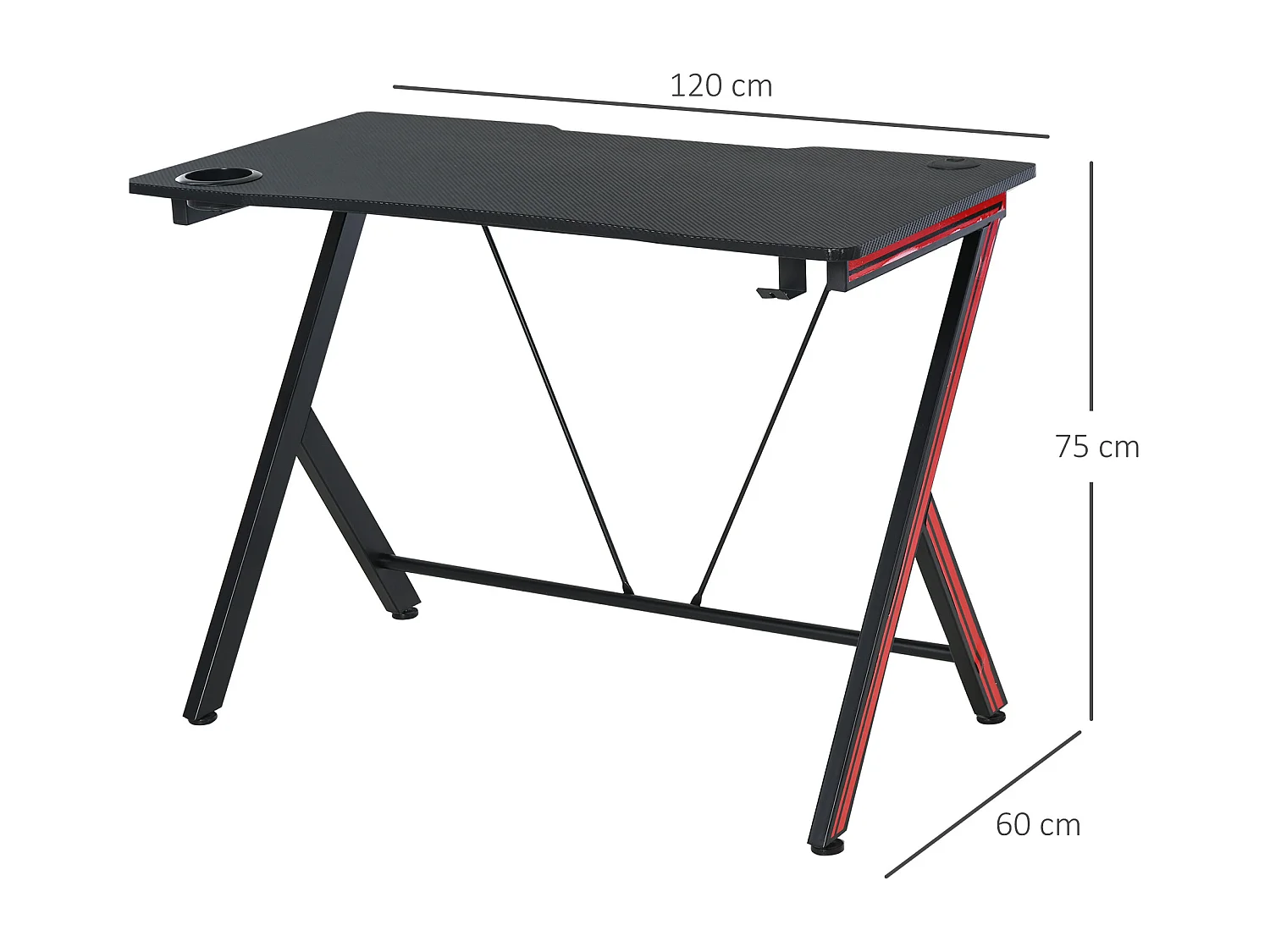 HOMCOM Bureau Gaming Table Bureau pour Ordinateur de Jeu avec Crochet et Porte-Gobelet Patins Réglables 120 x 60 x 75 cm Noir et Rouge