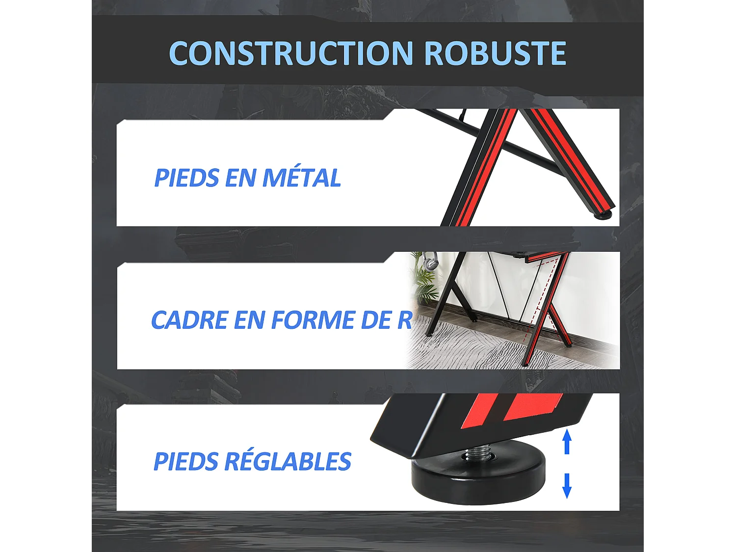 HOMCOM Bureau Gaming Table Bureau pour Ordinateur de Jeu avec Crochet et Porte-Gobelet Patins Réglables 120 x 60 x 75 cm Noir et Rouge