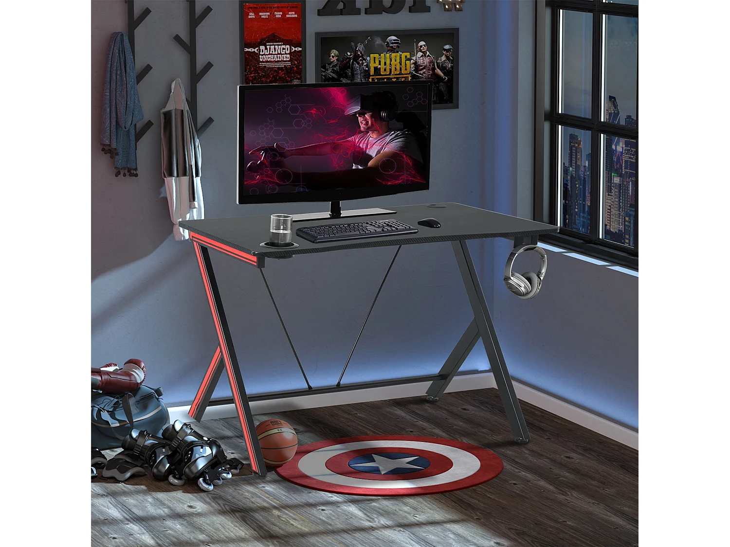 HOMCOM Bureau Gaming Table Bureau pour Ordinateur de Jeu avec Crochet et Porte-Gobelet Patins Réglables 105 x 55 x 75 cm Noir et Rouge