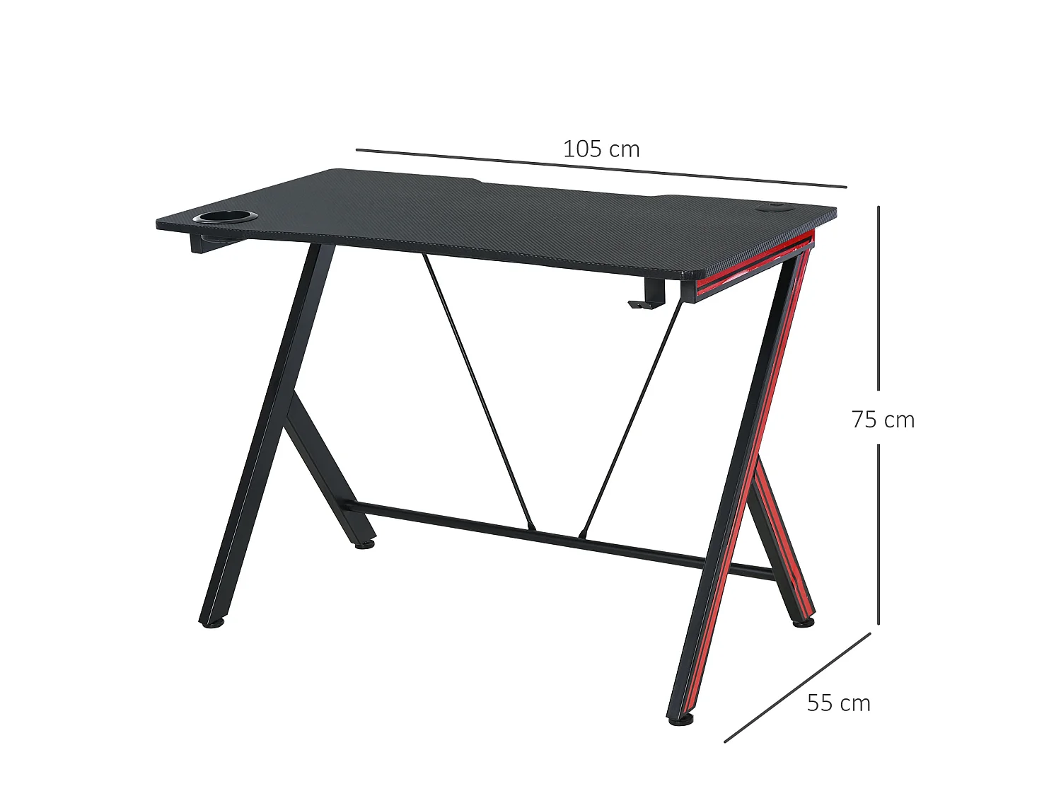 HOMCOM Bureau Gaming Table Bureau pour Ordinateur de Jeu avec Crochet et Porte-Gobelet Patins Réglables 105 x 55 x 75 cm Noir et Rouge