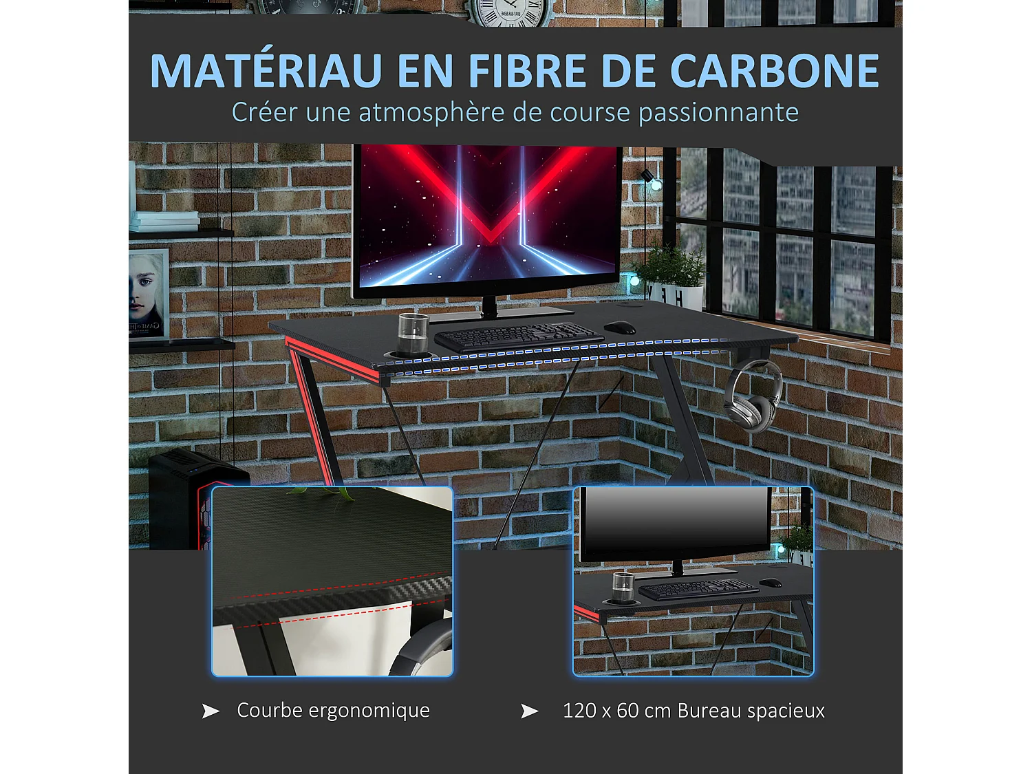 HOMCOM Bureau Gaming Table Bureau pour Ordinateur de Jeu avec Crochet et Porte-Gobelet Patins Réglables 105 x 55 x 75 cm Noir et Rouge