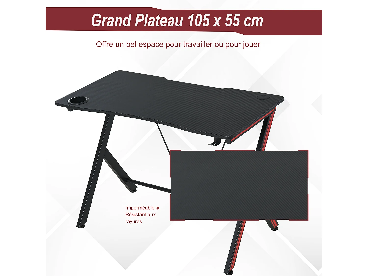 HOMCOM Bureau Gaming Table Bureau pour Ordinateur de Jeu avec Crochet et Porte-Gobelet Patins Réglables 105 x 55 x 75 cm Noir et Rouge