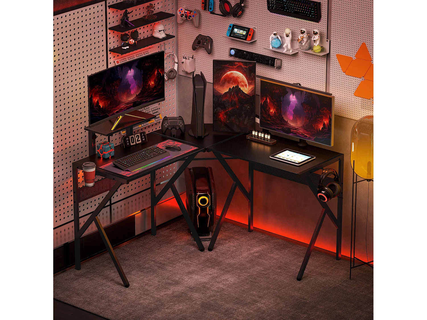 Bureau gaming d'angle bureau gamer bureau informatique bracket casque porte-gobelet étagère écran réglable métal panneaux texture carbone noir