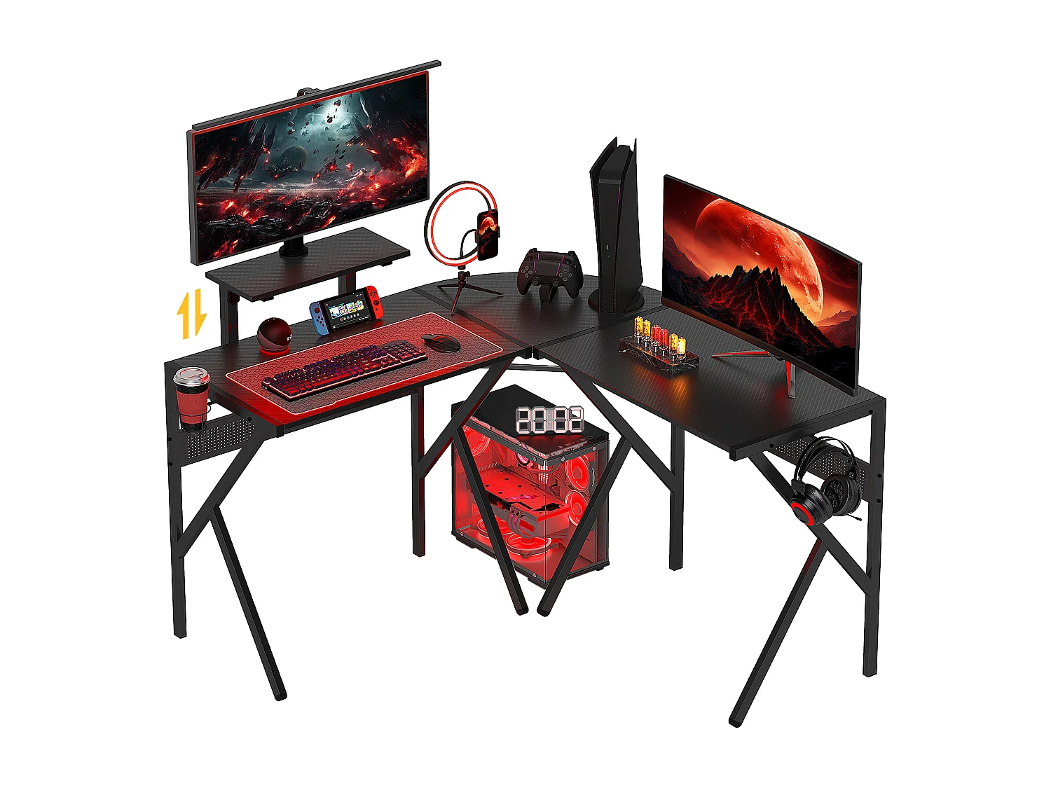 Bureau gaming d'angle bureau gamer bureau informatique bracket casque porte-gobelet étagère écran réglable métal panneaux texture carbone noir