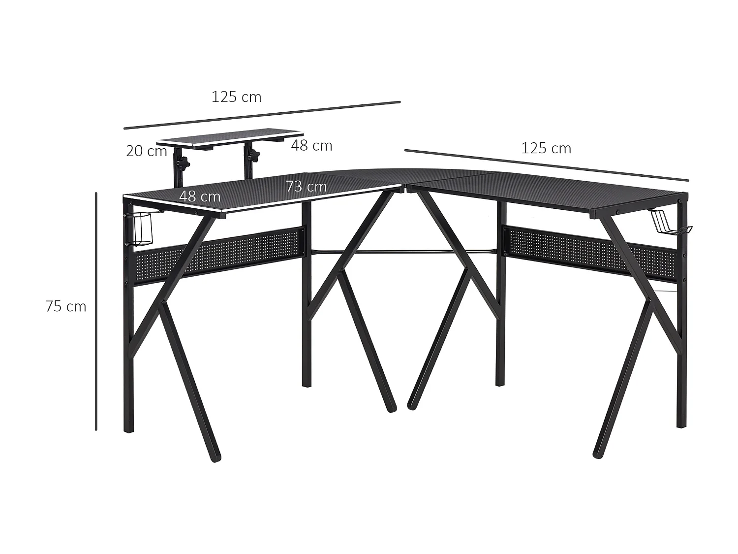 Bureau gaming d'angle bureau gamer bureau informatique bracket casque porte-gobelet étagère écran réglable métal panneaux texture carbone noir