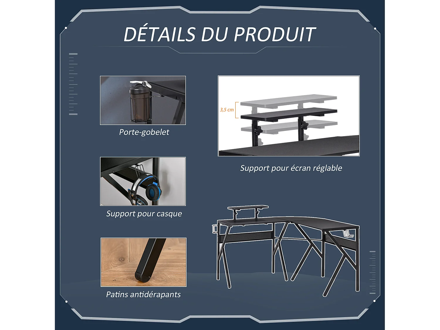 Bureau gaming d'angle bureau gamer bureau informatique bracket casque porte-gobelet étagère écran réglable métal panneaux texture carbone noir