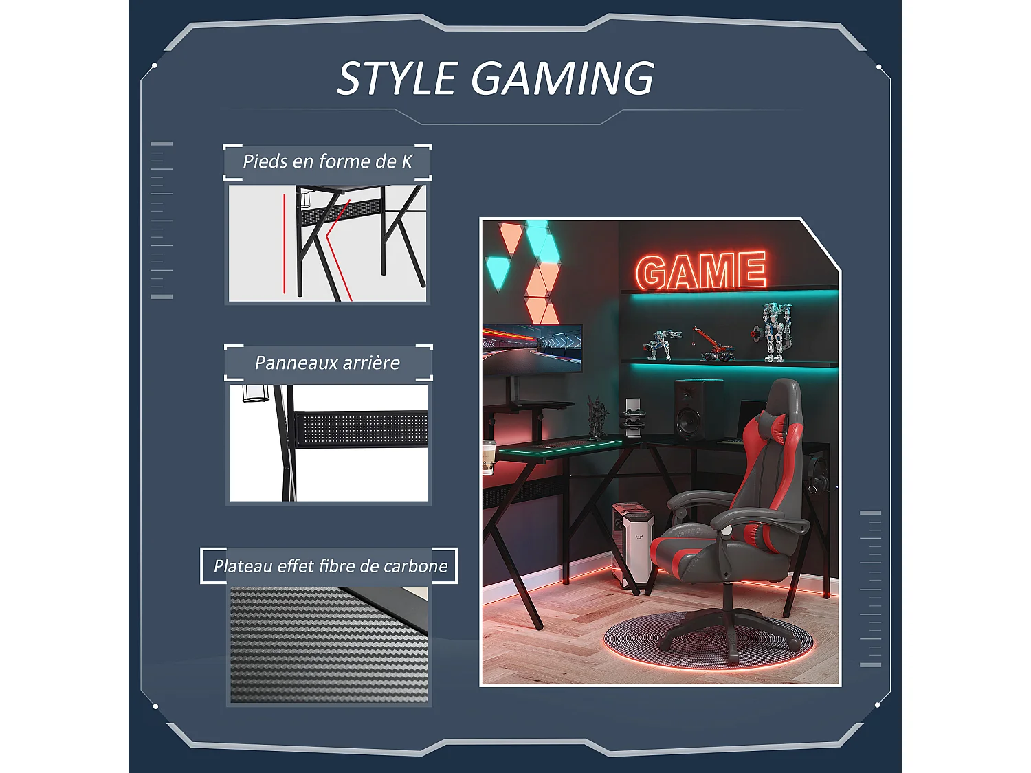 Bureau gaming d'angle bureau gamer bureau informatique bracket casque porte-gobelet étagère écran réglable métal panneaux texture carbone noir