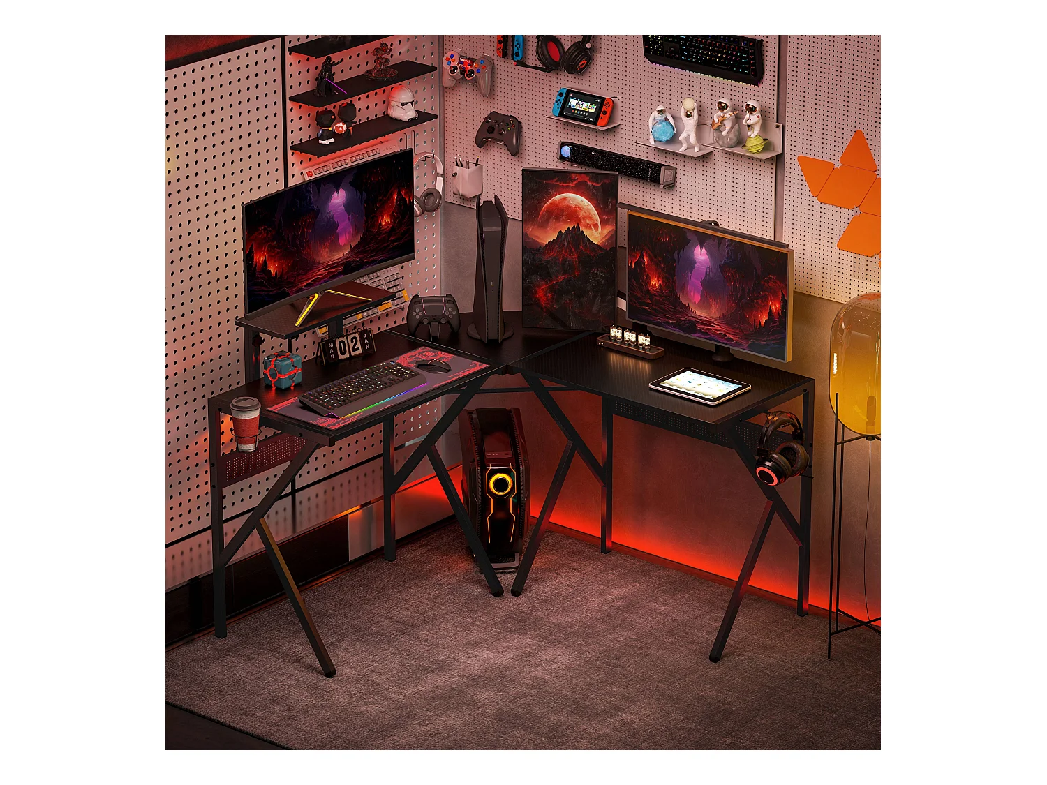 Bureau gaming d'angle bureau gamer bureau informatique bracket casque porte-gobelet étagère écran réglable métal panneaux texture carbone noir