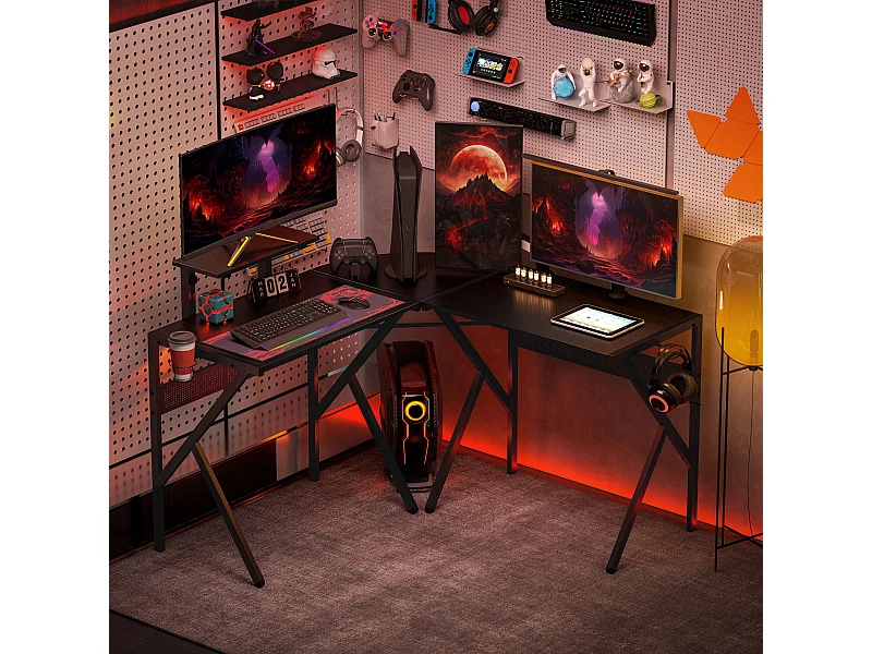 Bureau gaming d'angle bureau gamer bureau informatique bracket casque porte-gobelet étagère écran réglable métal panneaux texture carbone noir