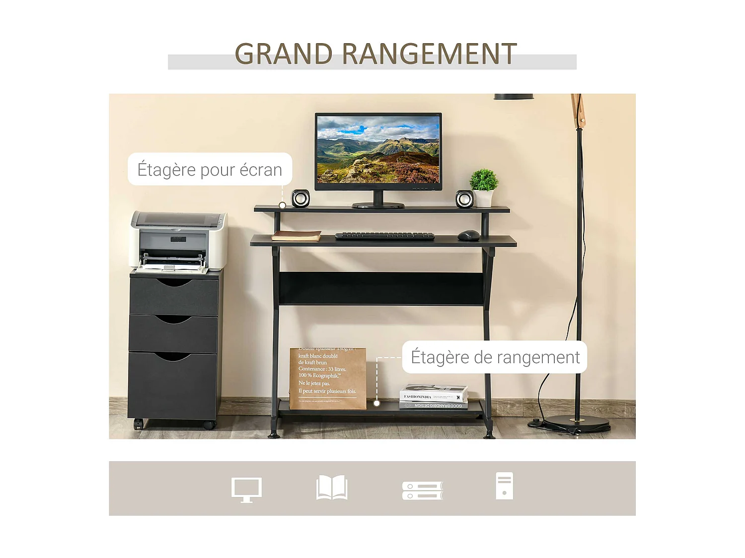 Bureau informatique gamer avec étagères dim. 100L x 60l x 85,5H cm MDF métal noir