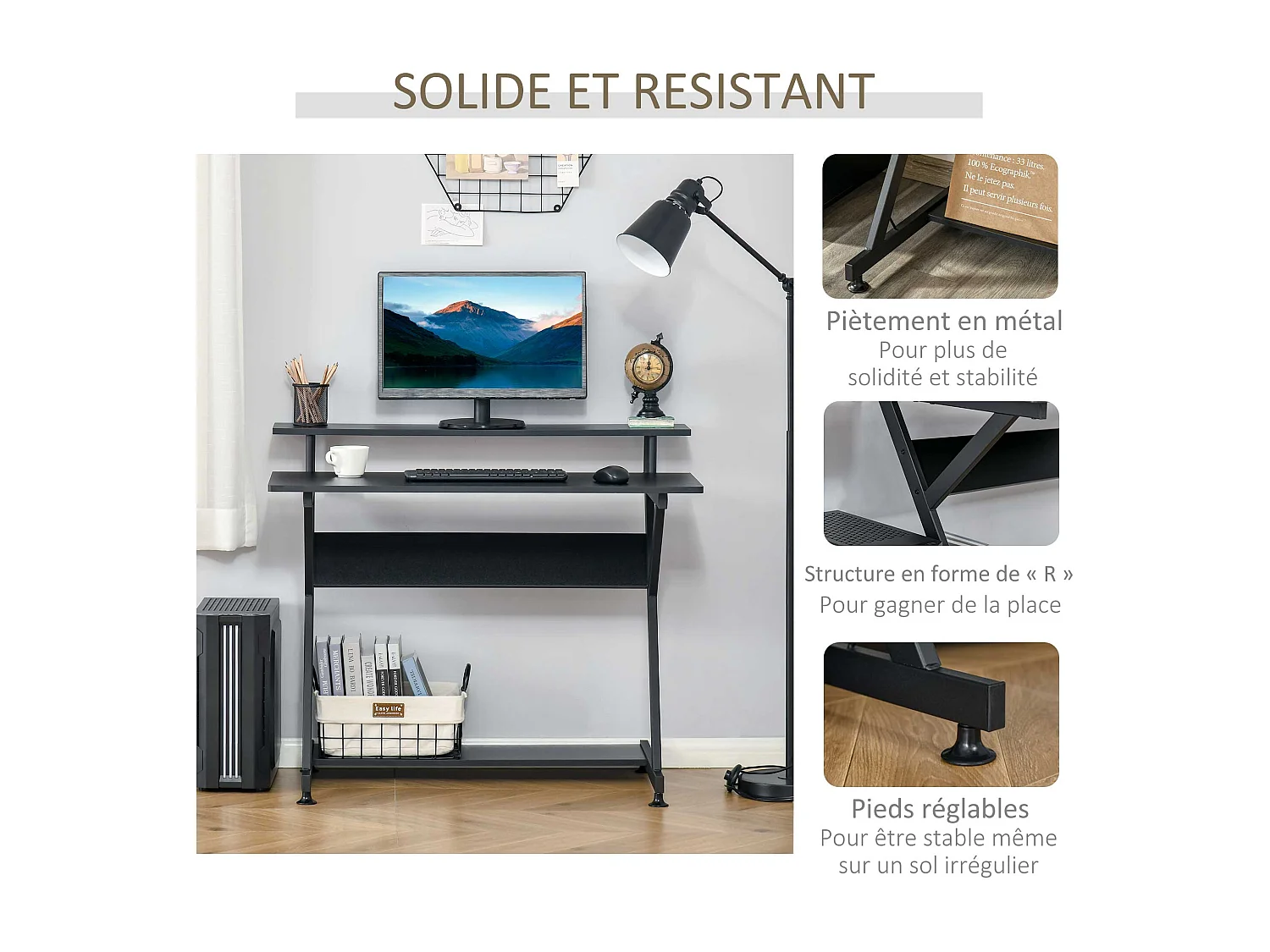 Bureau informatique gamer avec étagères dim. 100L x 60l x 85,5H cm MDF métal noir