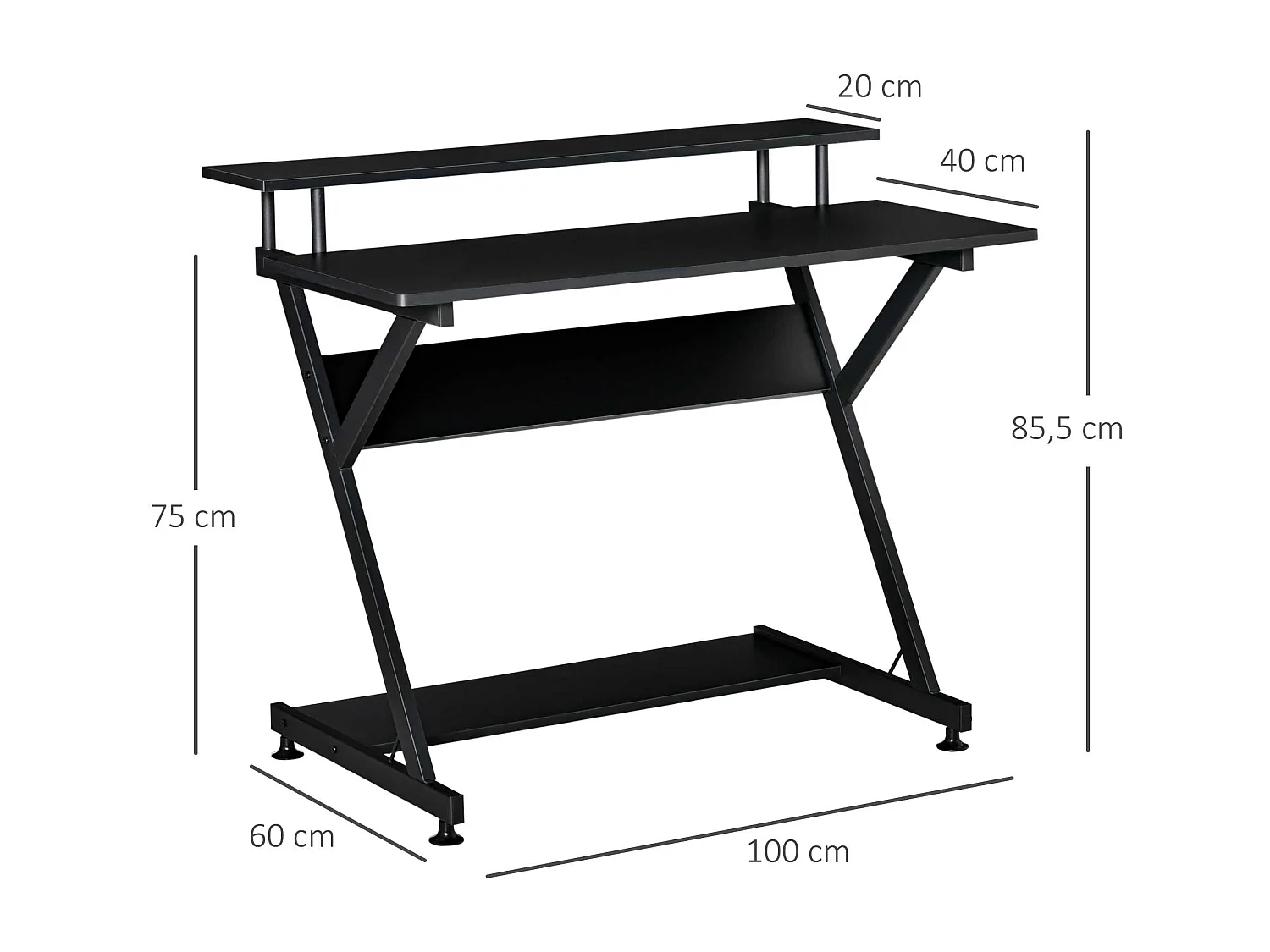 Bureau informatique gamer avec étagères dim. 100L x 60l x 85,5H cm MDF métal noir