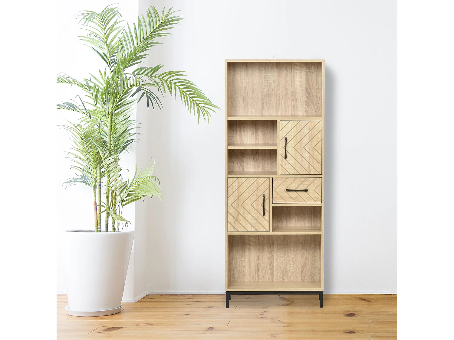 Biblliothèque 2 étagères 3 niches 2 placards + tiroir panneaux particules MDF chêne clair motif graphique métal noir