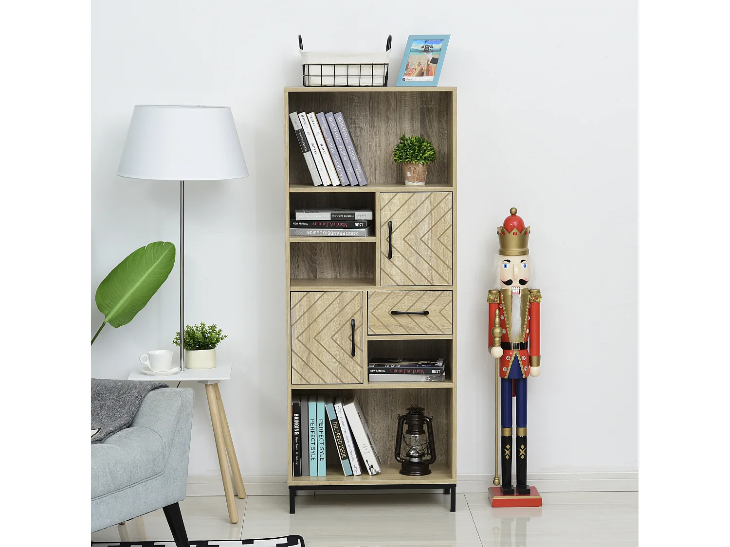 Biblliothèque 2 étagères 3 niches 2 placards + tiroir panneaux particules MDF chêne clair motif graphique métal noir