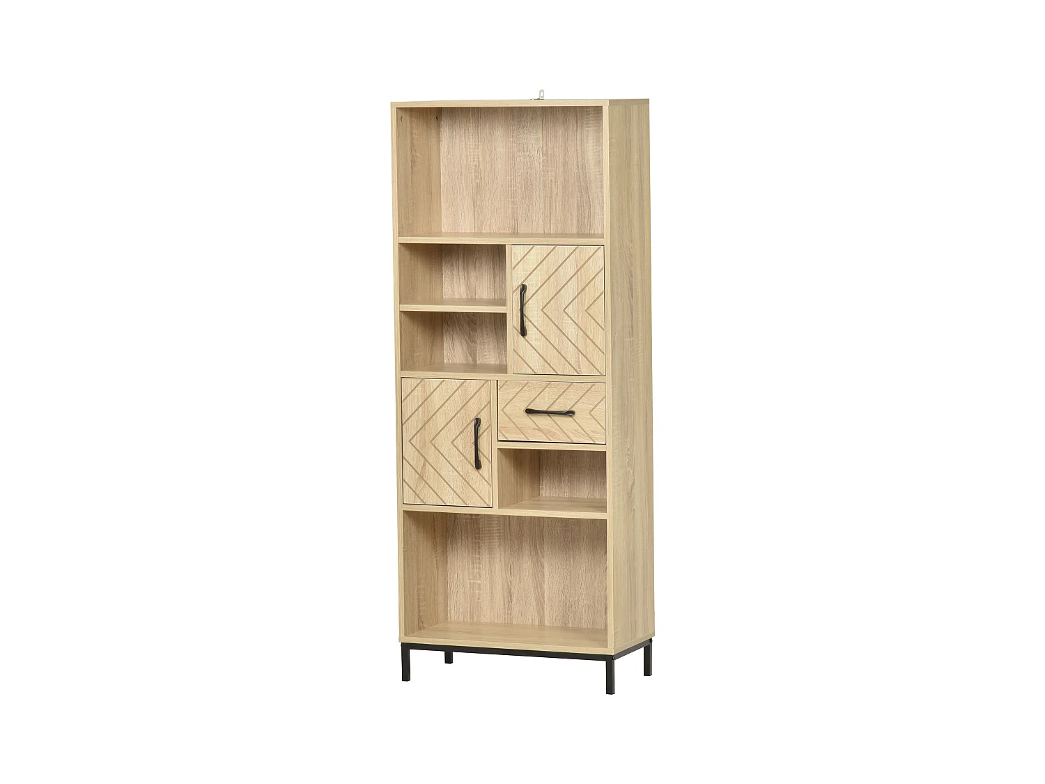 Biblliothèque 2 étagères 3 niches 2 placards + tiroir panneaux particules MDF chêne clair motif graphique métal noir