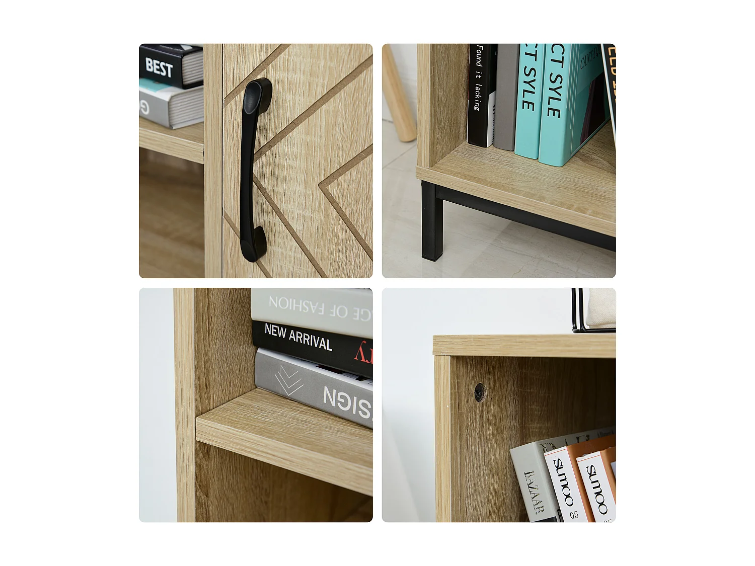 Biblliothèque 2 étagères 3 niches 2 placards + tiroir panneaux particules MDF chêne clair motif graphique métal noir