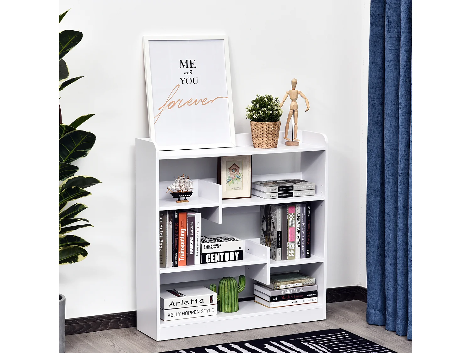 Bibliothèque étagère meuble de rangement dim. 90L x 24l x 91H cm 4 niveaux 3 panneaux arrières panneaux de particules blanc