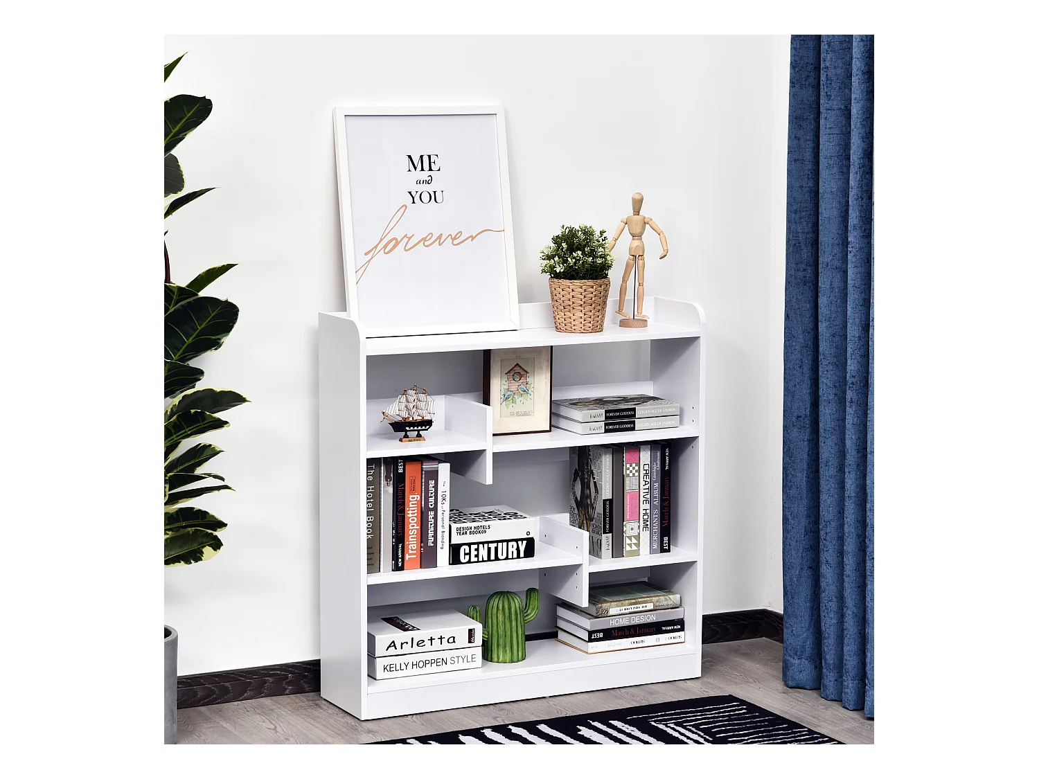 Bibliothèque étagère meuble de rangement dim. 90L x 24l x 91H cm 4 niveaux 3 panneaux arrières panneaux de particules blanc