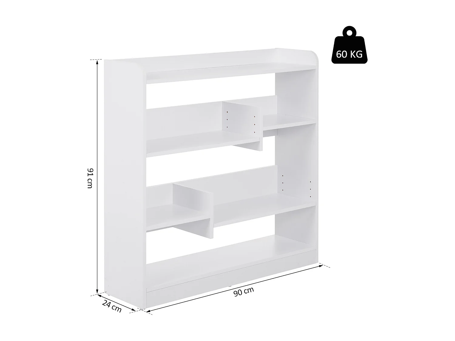 Bibliothèque étagère meuble de rangement dim. 90L x 24l x 91H cm 4 niveaux 3 panneaux arrières panneaux de particules blanc
