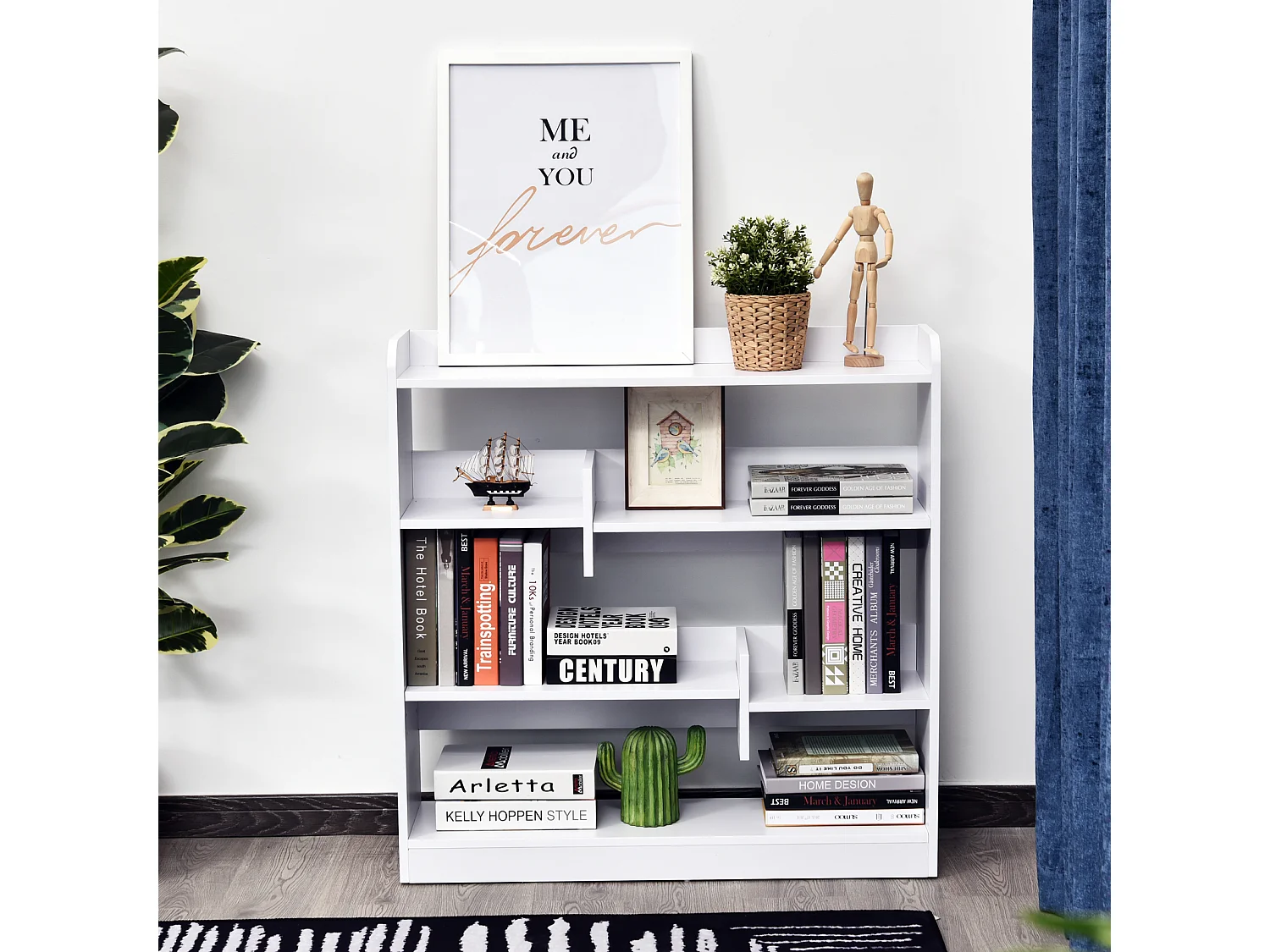 Bibliothèque étagère meuble de rangement dim. 90L x 24l x 91H cm 4 niveaux 3 panneaux arrières panneaux de particules blanc