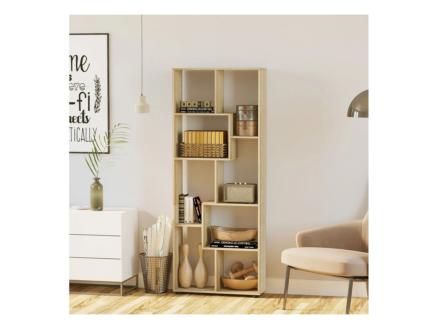 Bibliothèque étagère meuble de rangement dim. 70L x 24l x 178H cm en zigazag et 8 espaces en panneau de particules naturel