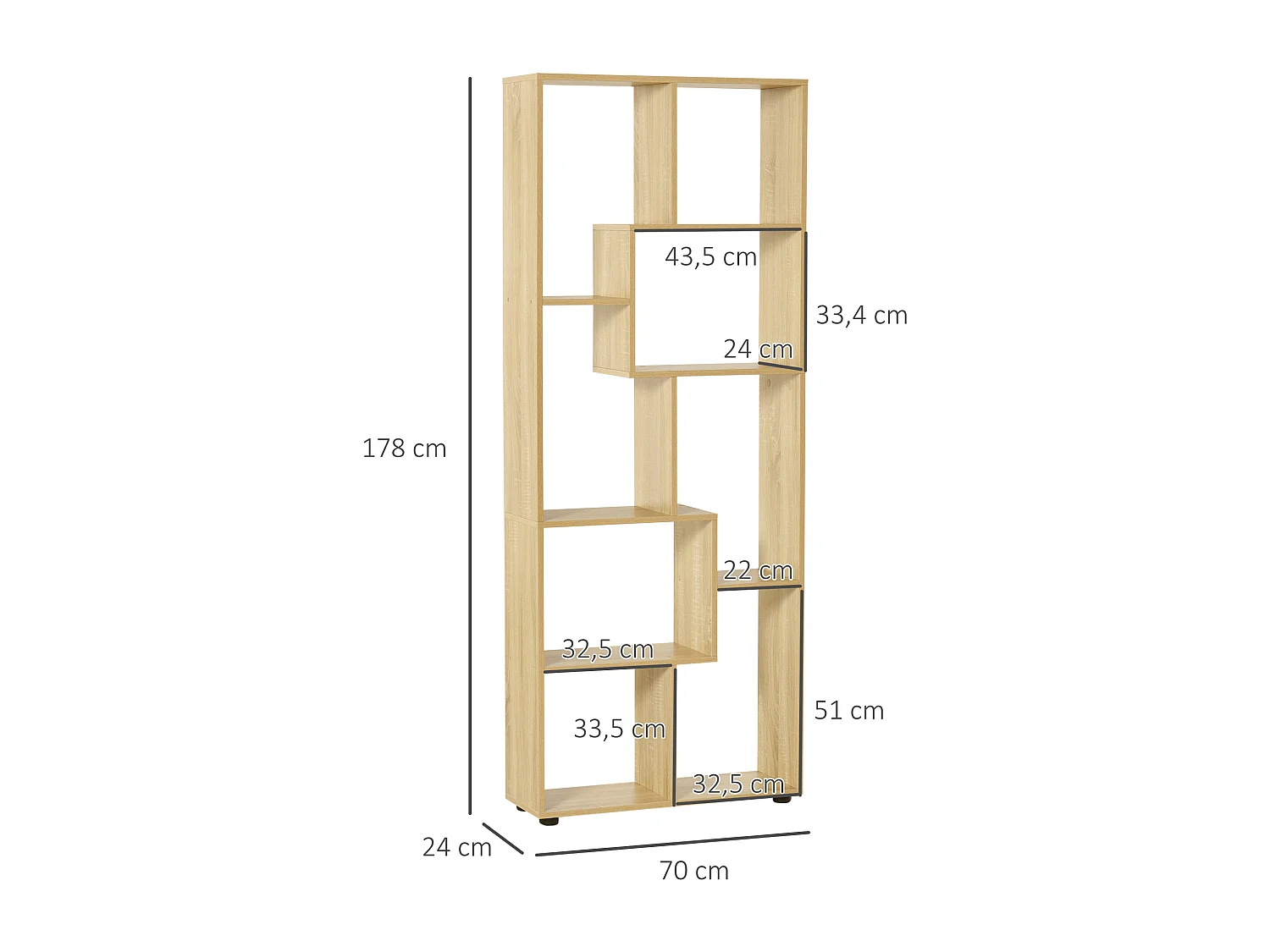 Bibliothèque étagère meuble de rangement dim. 70L x 24l x 178H cm en zigazag et 8 espaces en panneau de particules naturel