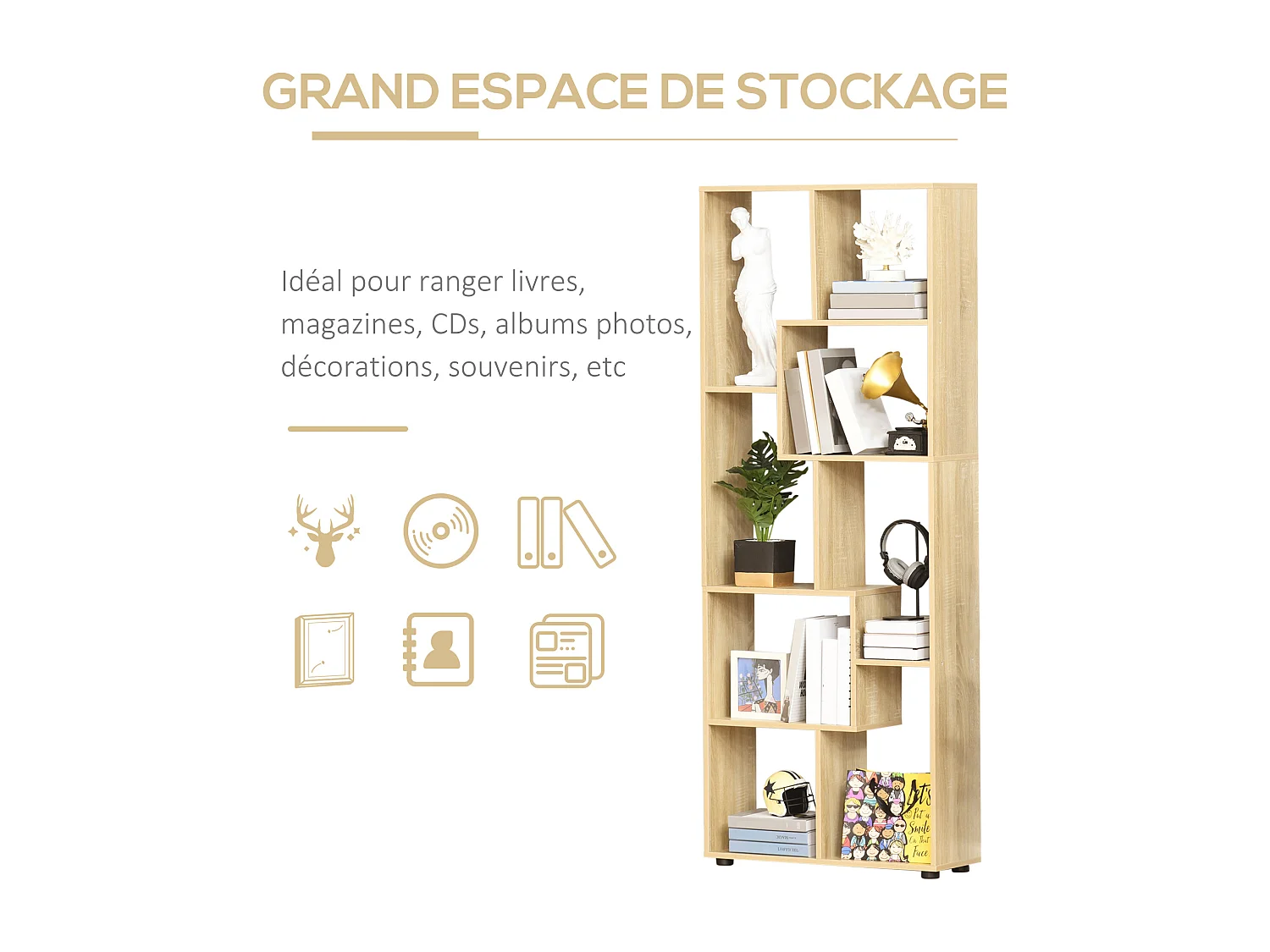 Bibliothèque étagère meuble de rangement dim. 70L x 24l x 178H cm en zigazag et 8 espaces en panneau de particules naturel