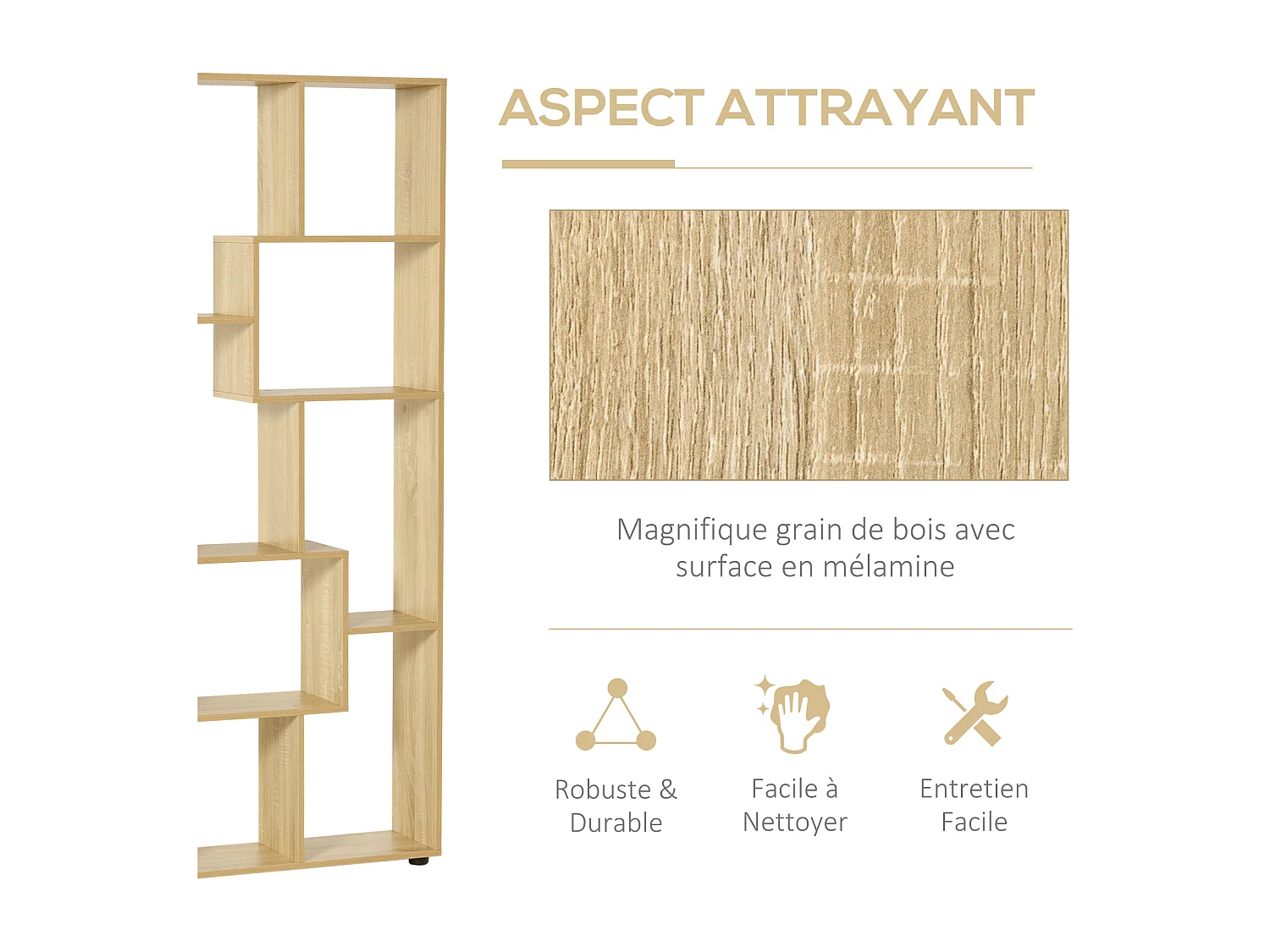 Bibliothèque étagère meuble de rangement dim. 70L x 24l x 178H cm en zigazag et 8 espaces en panneau de particules naturel