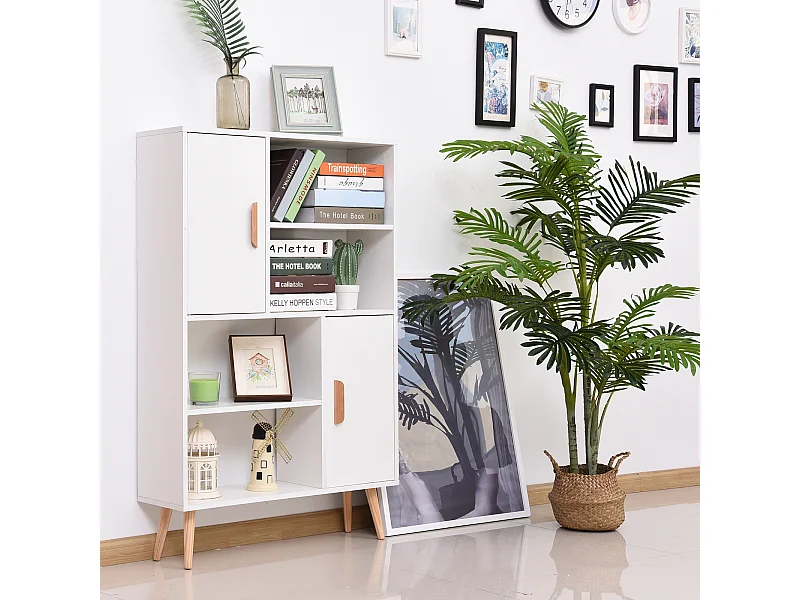 Bibliothèque scandinave 4 niches + 2 placards avec étagère dim. 80L x 24l x 123H cm pieds effilés inclinés bois massif panneaux particules blanc