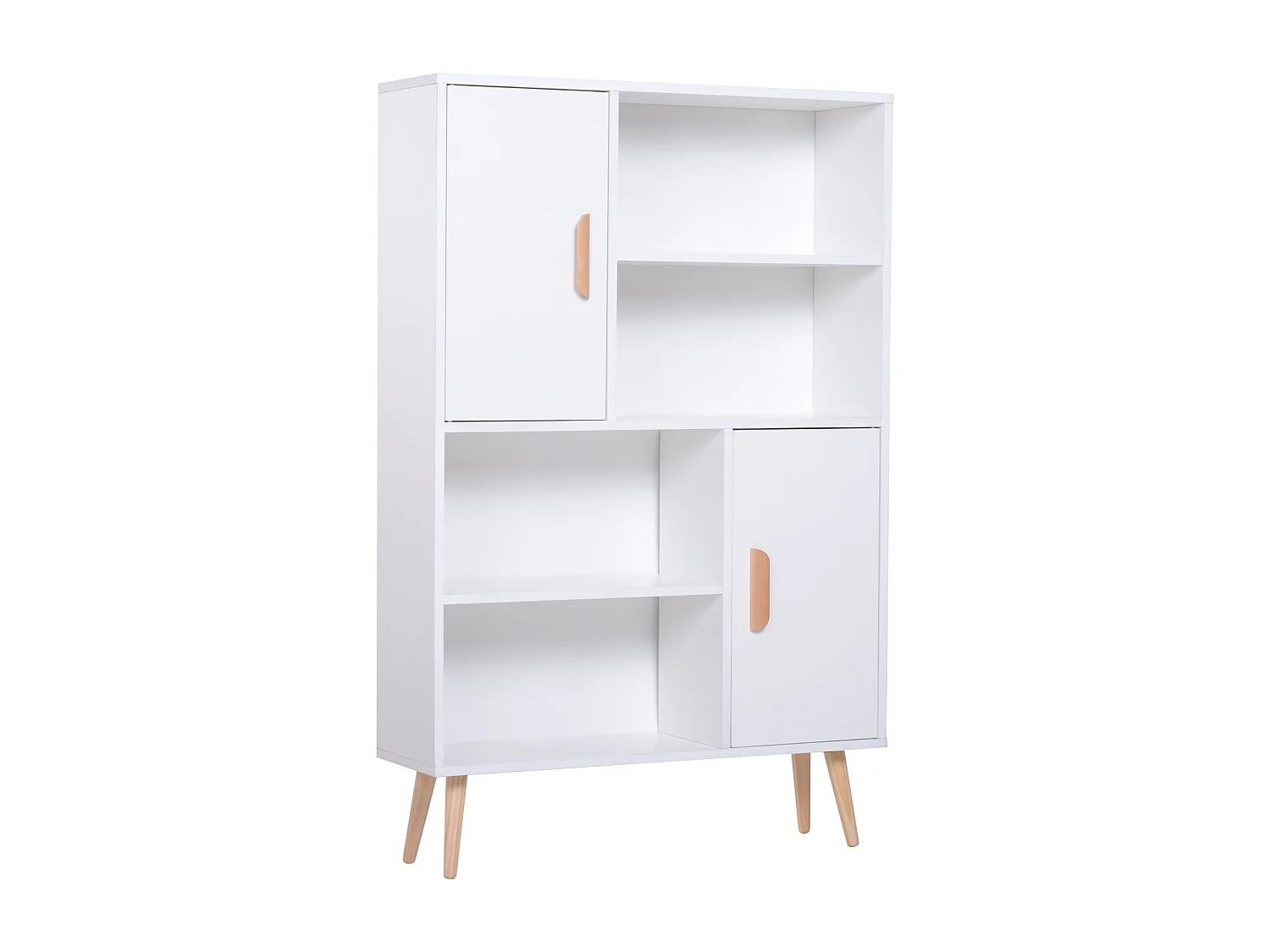 Bibliothèque scandinave 4 niches + 2 placards avec étagère dim. 80L x 24l x 123H cm pieds effilés inclinés bois massif panneaux particules blanc