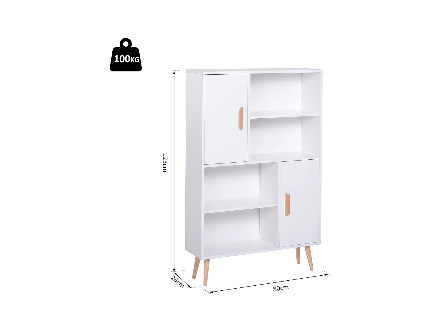 Bibliothèque scandinave 4 niches + 2 placards avec étagère dim. 80L x 24l x 123H cm pieds effilés inclinés bois massif panneaux particules blanc