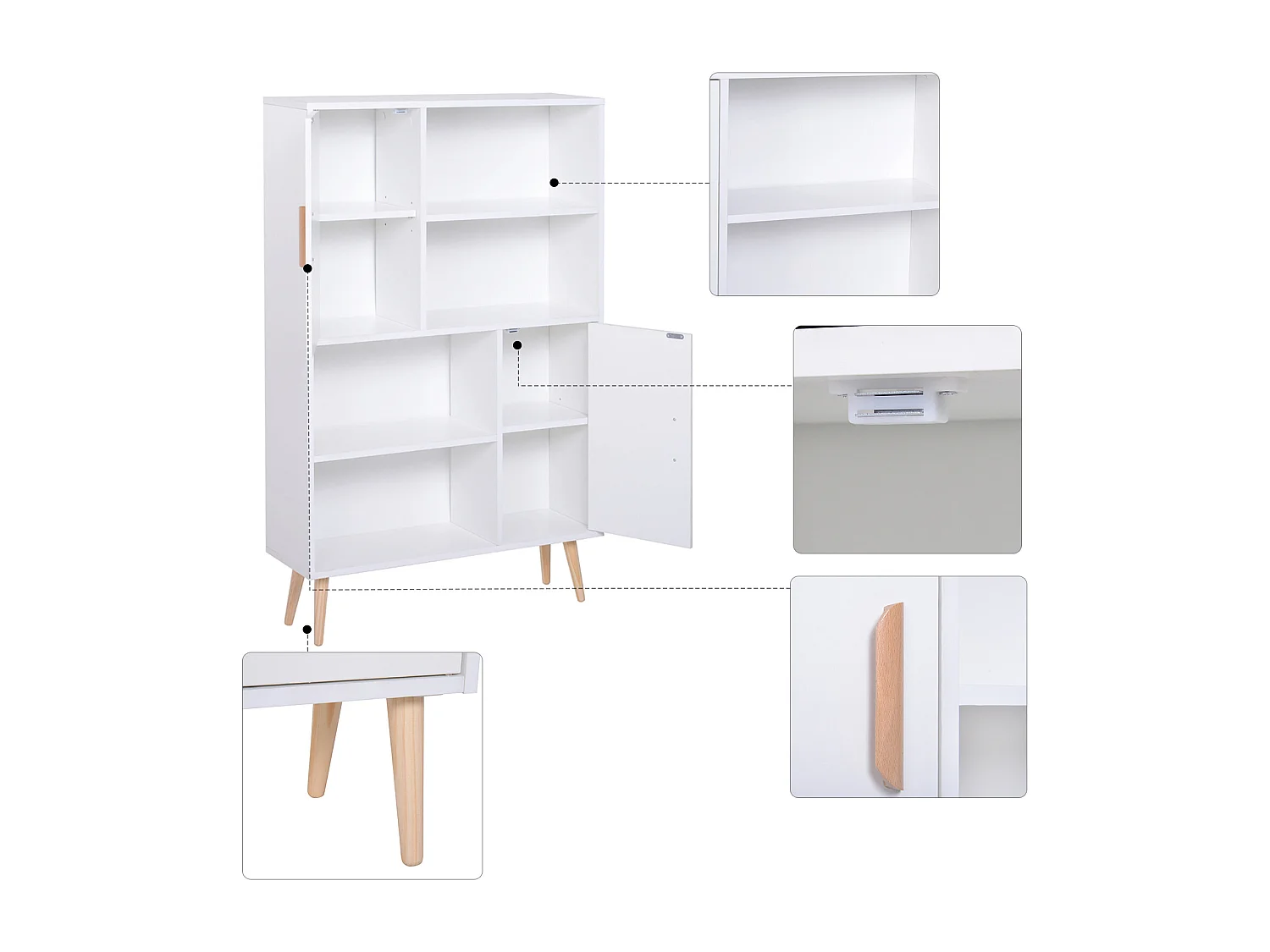Bibliothèque scandinave 4 niches + 2 placards avec étagère dim. 80L x 24l x 123H cm pieds effilés inclinés bois massif panneaux particules blanc