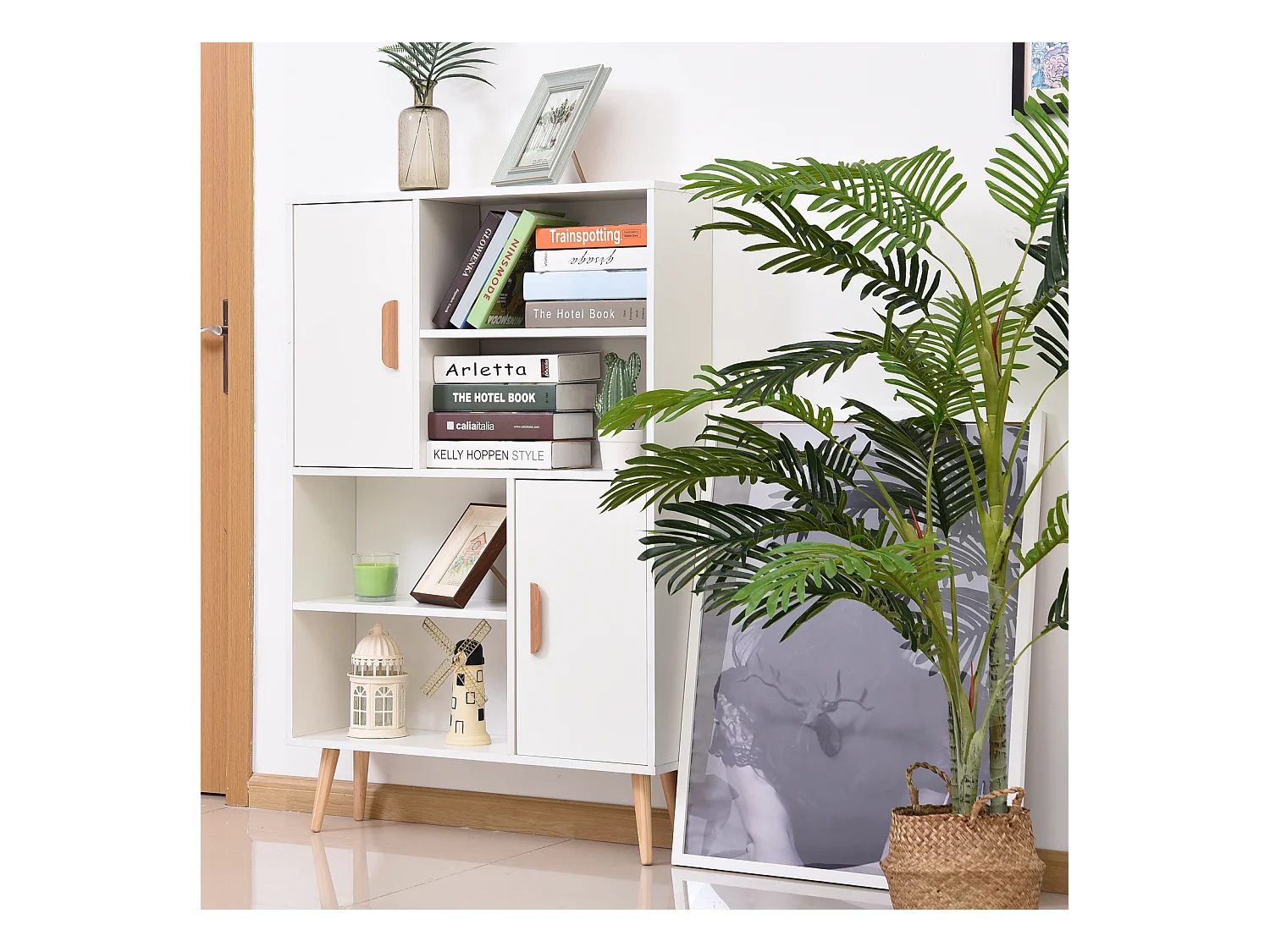 Bibliothèque scandinave 4 niches + 2 placards avec étagère dim. 80L x 24l x 123H cm pieds effilés inclinés bois massif panneaux particules blanc