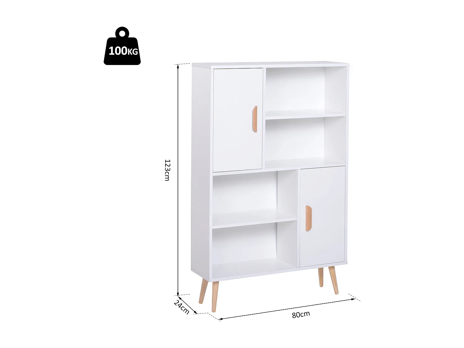 Bibliothèque scandinave 4 niches + 2 placards avec étagère dim. 80L x 24l x 123H cm pieds effilés inclinés bois massif panneaux particules blanc